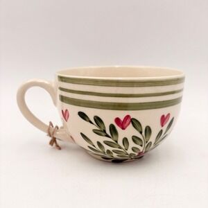 Hand Painted Ceramic Oversized Heart Mug Soup Bowl Pink Green Made in India NEW